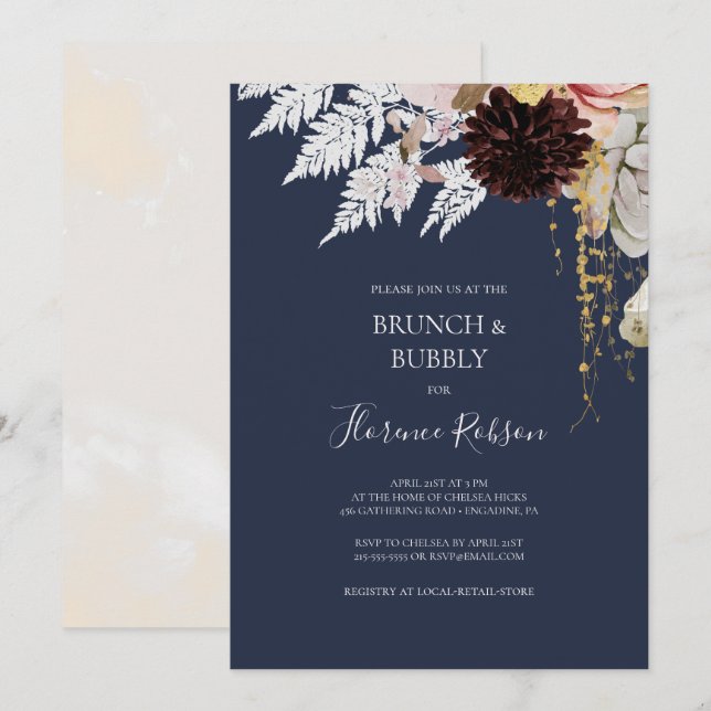 Modern Blush Floral | Navy Brunch and Bubbly Invitation (Front/Back)