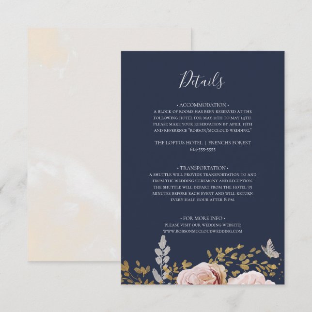 Modern Blush Floral | Navy Details Enclosure Card (Front/Back)