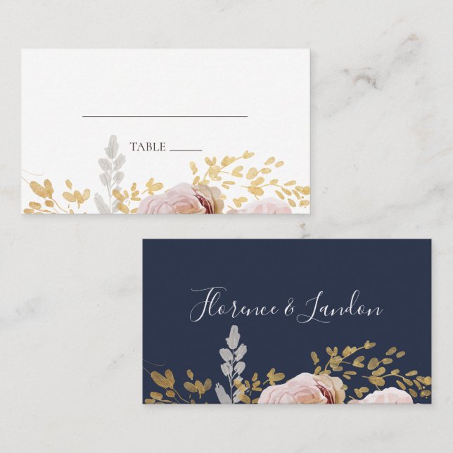 Modern Blush Floral | Navy Flat Wedding Place Card (Front/Back)