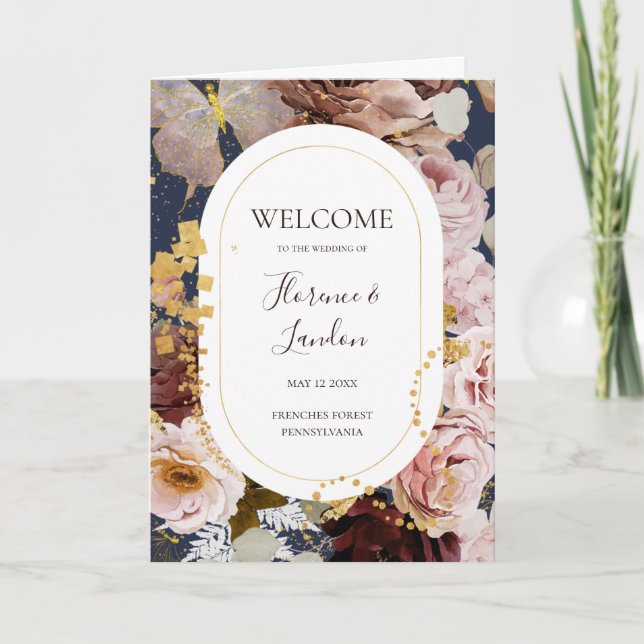 Modern Blush Floral | Navy Folded Wedding Programme (Front)