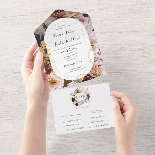 Modern Blush Floral | Navy Frame Seal And Send All In One Invitation (Tearaway)