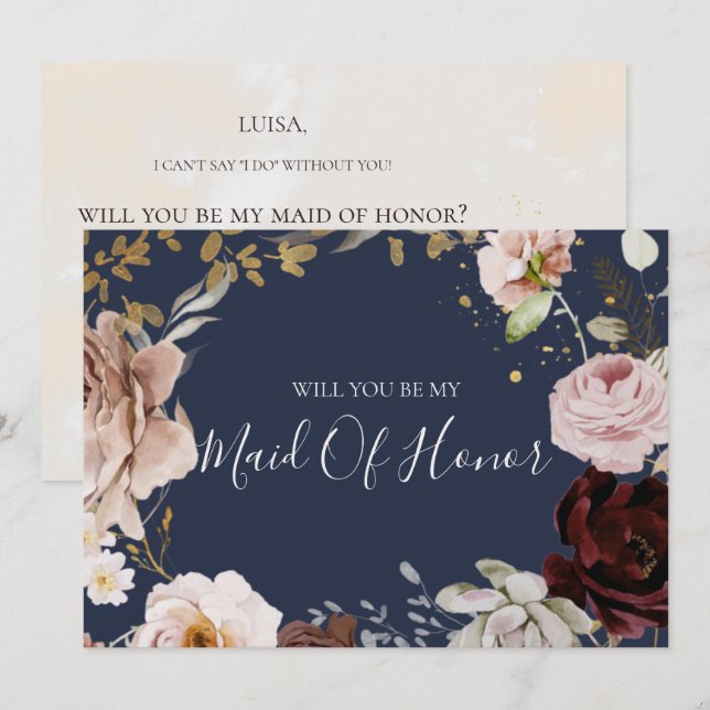Modern Blush Floral | Navy Maid Of Honour Card (Front/Back)