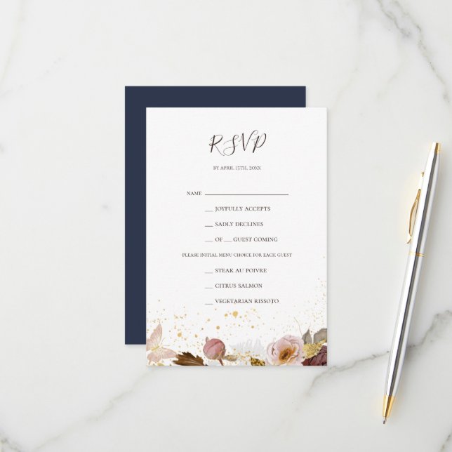 Modern Blush Floral | Navy Menu Choice RSVP Card (Front/Back In Situ)