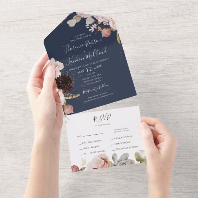Modern Blush Floral | Navy Seal And Send All In One Invitation (Tearaway)