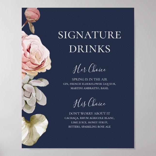 Modern Blush Floral | Navy Signature Drinks Poster (Front)