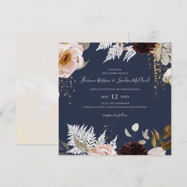 Modern Blush Floral | Navy Square Wedding Invitation (Front/Back)