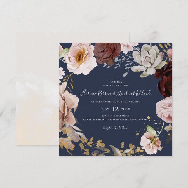 Modern Blush Floral | Navy Square Wreath Wedding Invitation (Front/Back)