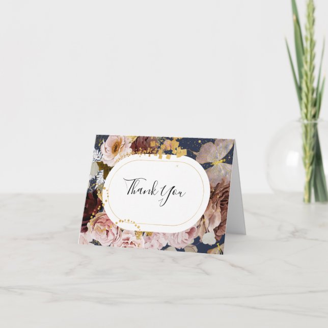 Modern Blush Floral | Navy Thank You Card (Front)