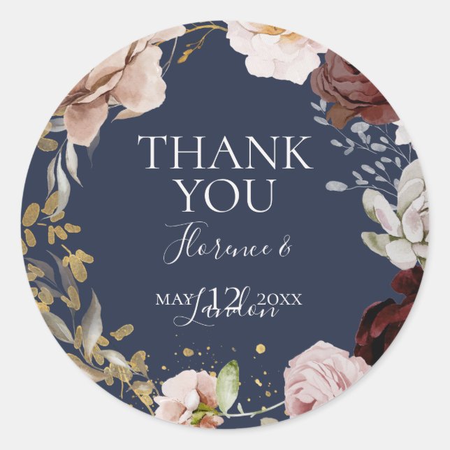 Modern Blush Floral | Navy Thank You Wedding Favou Classic Round Sticker (Front)
