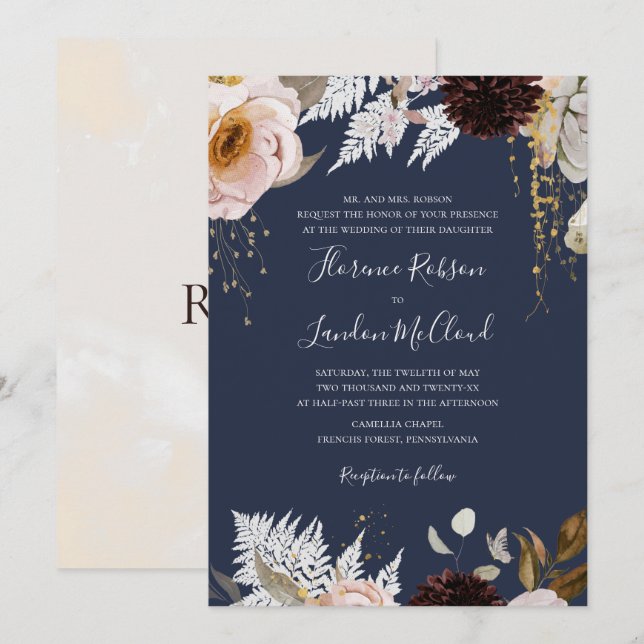 Modern Blush Floral | Navy Traditional Wedding Invitation (Front/Back)
