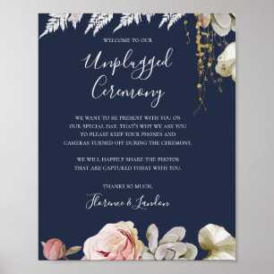 Modern Blush Floral Navy Unplugged Ceremony Poster