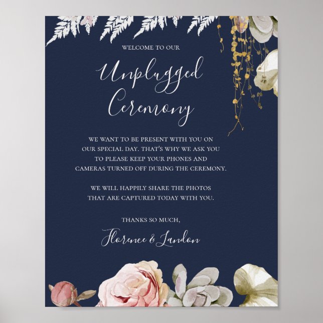 Modern Blush Floral | Navy Unplugged Ceremony Poster (Front)