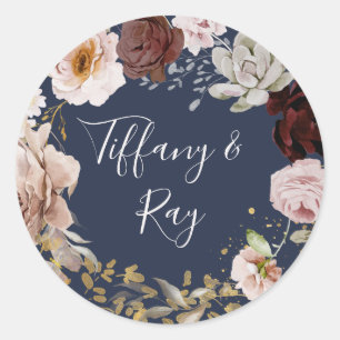 Modern Blush Floral Navy Wedding Envelope Seals