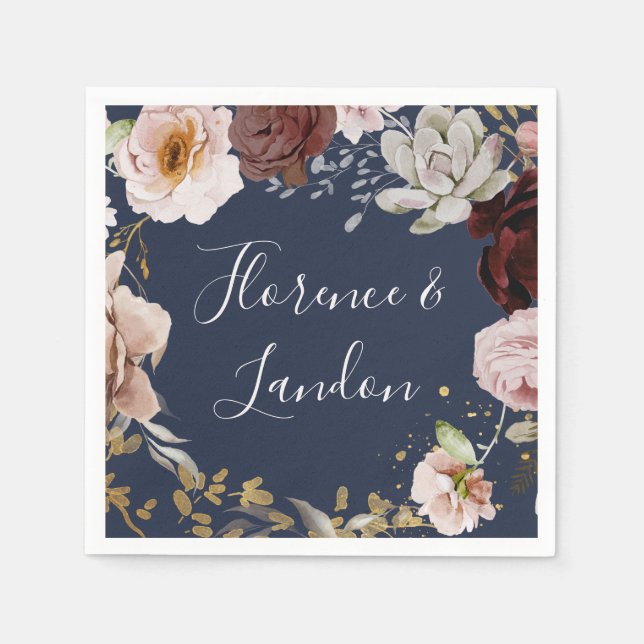 Modern Blush Floral | Navy Wedding Napkins (Front)