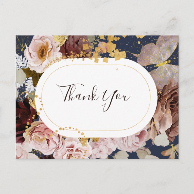 Modern Blush Floral | Navy Wedding Thank You Postcard (Front)