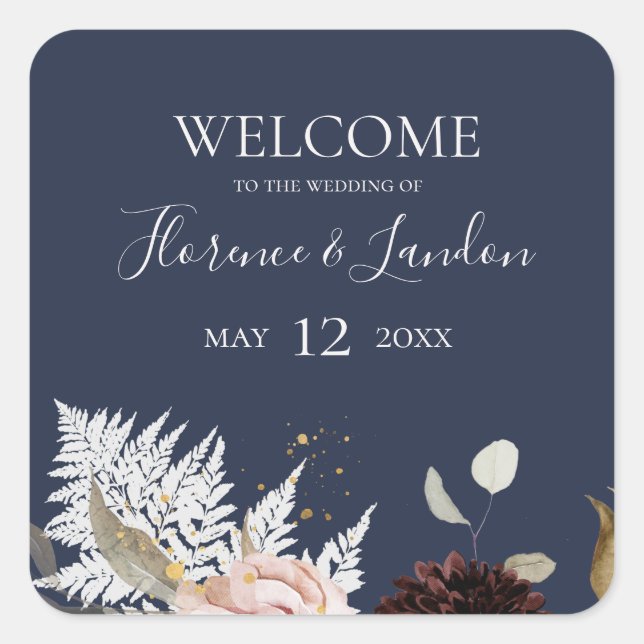 Modern Blush Floral | Navy Wedding Welcome Square Sticker (Front)