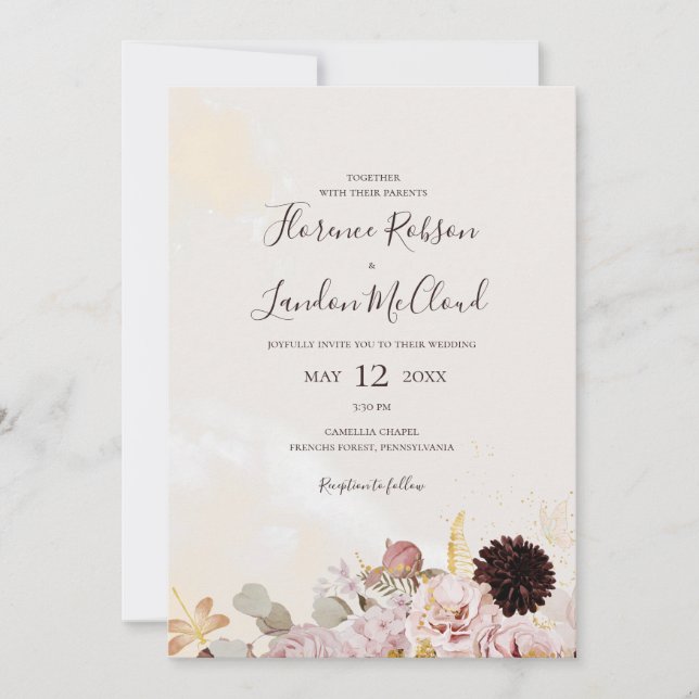 Modern Blush Floral | Simple Casual Marble Wedding Invitation (Front)