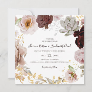 Modern Blush Floral   Square Wreath Wedding Invitation