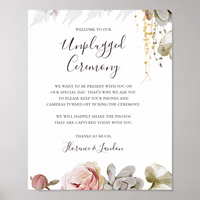 Modern Blush Floral | Unplugged Ceremony Poster (Front)