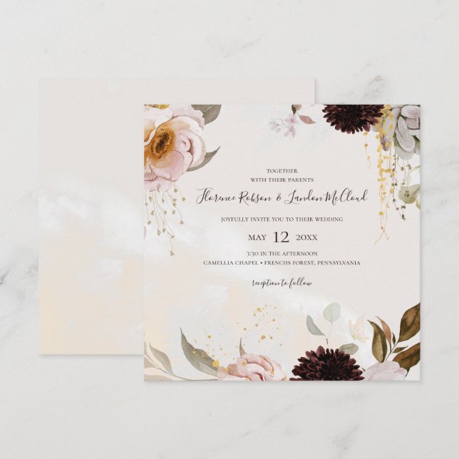 Modern Blush Floral | Watercolor Square Wedding Invitation (Front/Back)