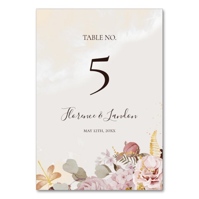 Modern Blush Floral | Watercolor Table Number (Front)