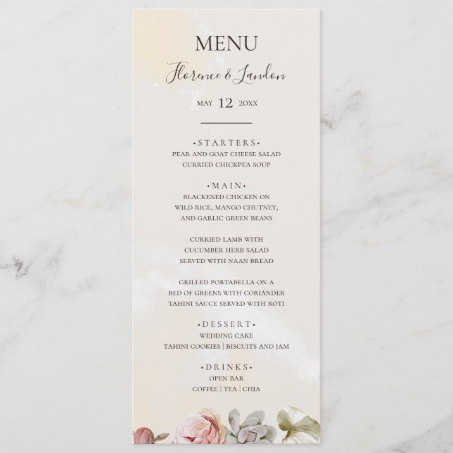 Modern Blush Floral | Watercolor Wedding Dinner Menu (Front)