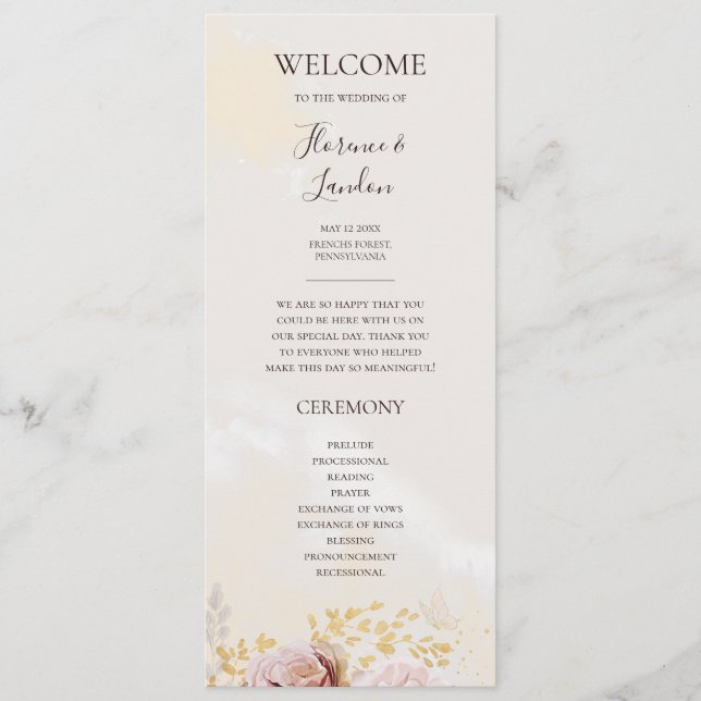 Modern Blush Floral | Watercolor Wedding Program Programme (Front)