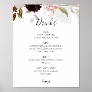 Modern Blush Floral Wedding Drinks Menu Sign