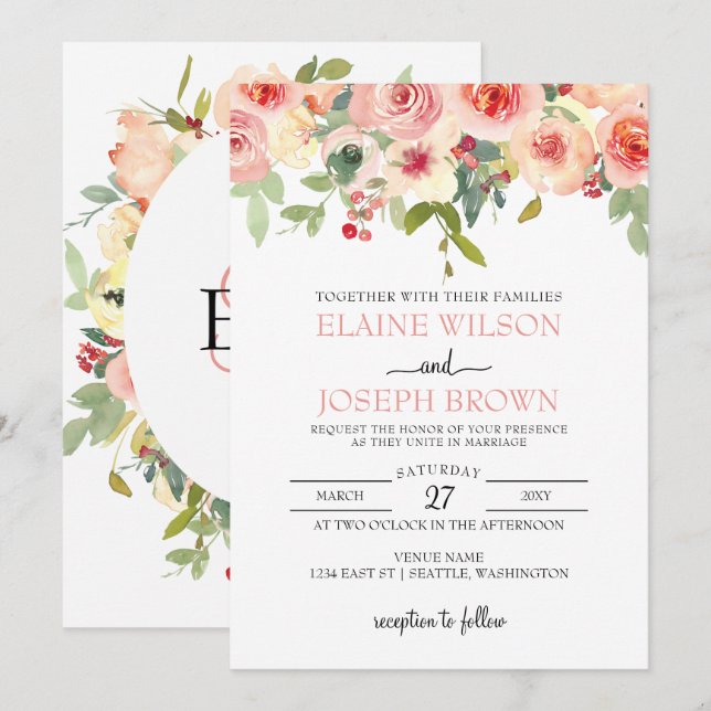 Modern Blush Floral Wedding  Invitation (Front/Back)
