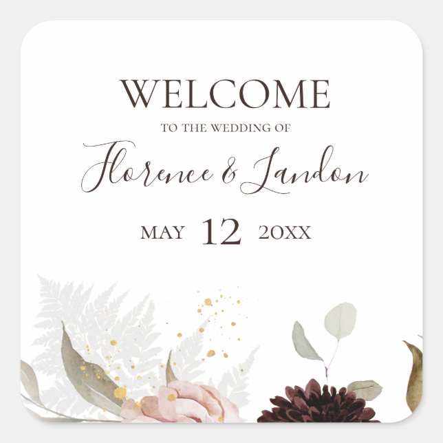 Modern Blush Floral | Wedding Welcome Square Sticker (Front)
