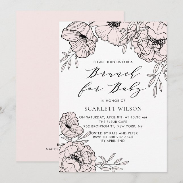 Modern Blush Flowers Baby Shower Brunch Invitation (Front/Back)