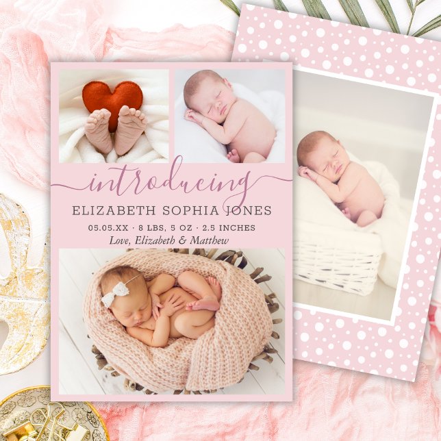 Modern Blush Girl Birth Announcement Photo Collage (Creator Uploaded)