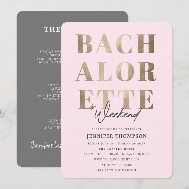 Modern Blush & Gold Bachelorette Weekend Invitation (Front/Back)