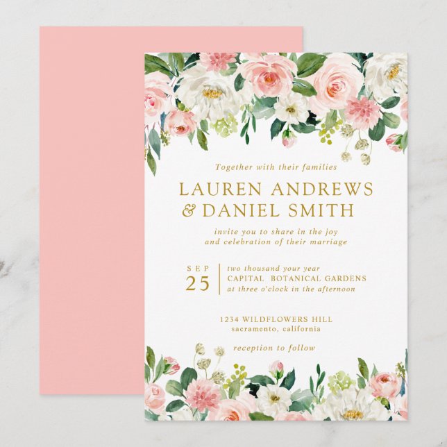 Modern Blush | Gold Chic Botanical Garland wedding Invitation (Front/Back)