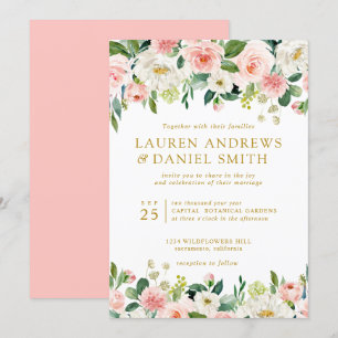 Modern Blush   Gold Chic Botanical Garland wedding Invitation