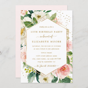 Modern Blush Gold Floral 15th Birthday Invitation
