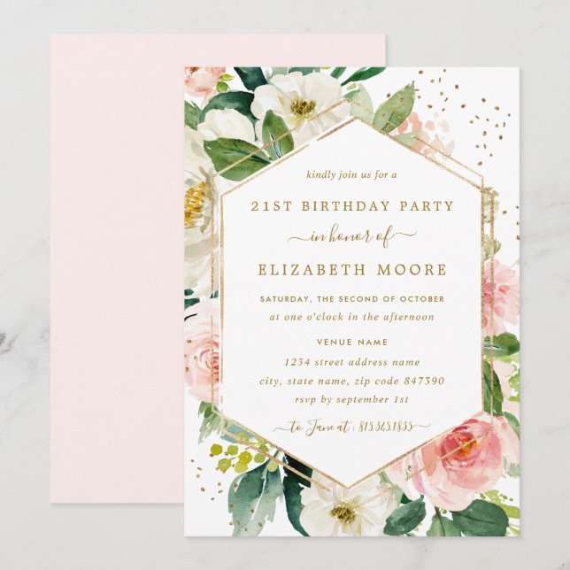 Modern Blush Gold Floral 21st Birthday Invitation (Front/Back)
