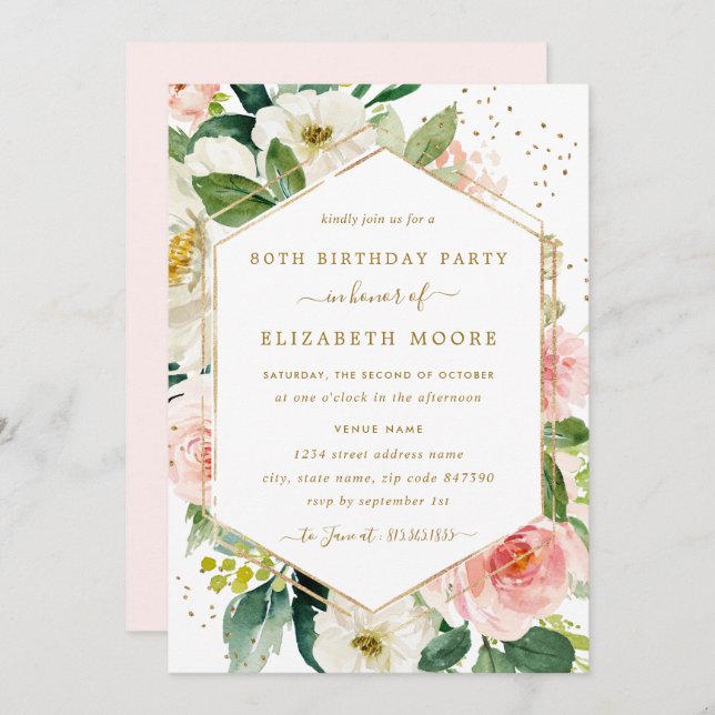Modern Blush Gold Floral 80th Birthday Invitation (Front/Back)