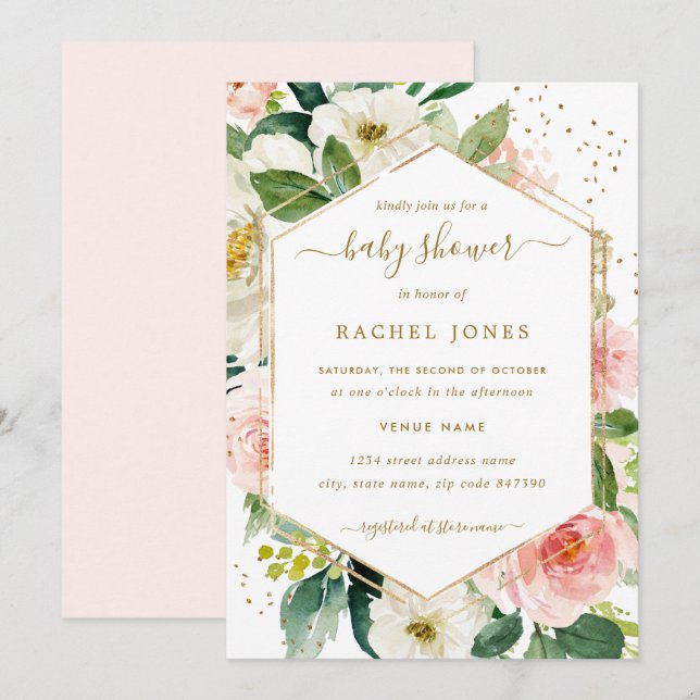 Modern Blush Gold Floral Baby Shower Invitation (Front/Back)