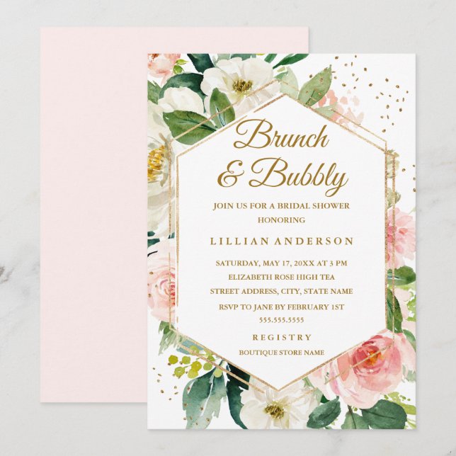 Modern Blush Gold Floral Brunch And Bubbly Invitation (Front/Back)