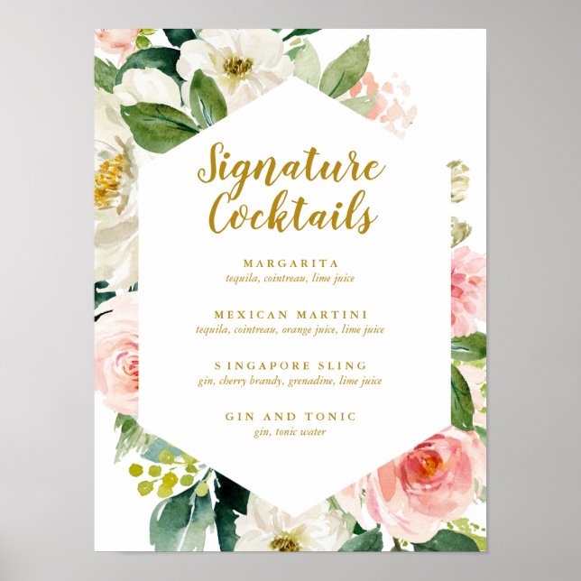 Modern Blush Gold Floral Signature Cocktail Menu Poster (Front)