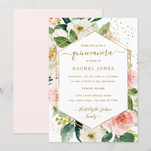 Modern Blush Gold Floral Watercolor Quinceanera Invitation
