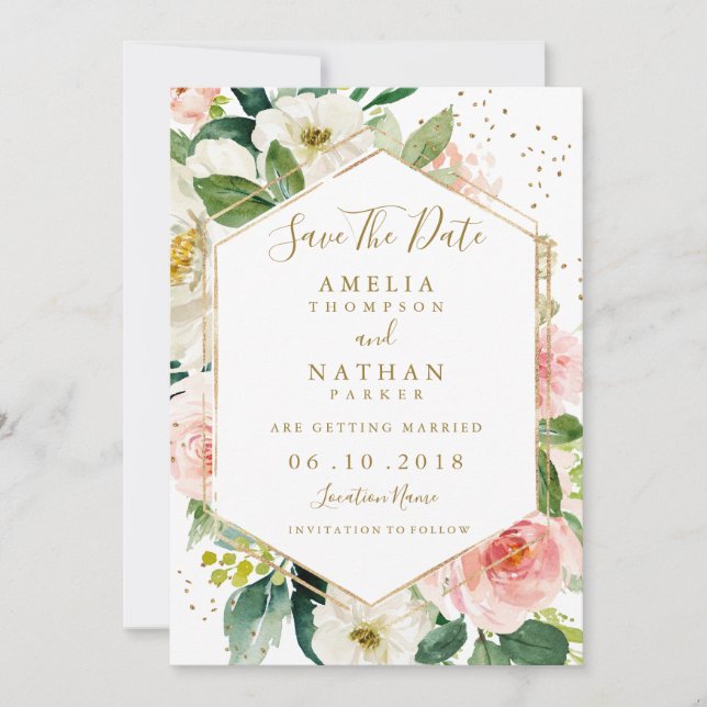 Modern Blush Gold Floral Watercolor Save The Date (Front)