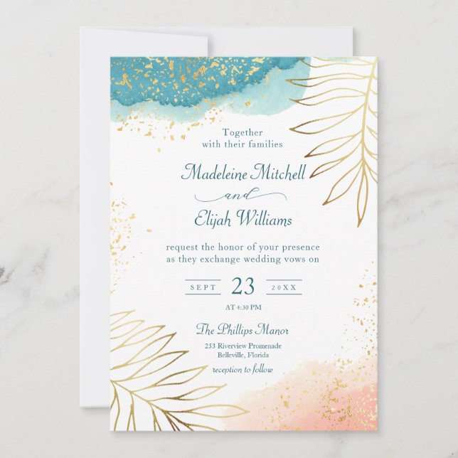 Modern Blush Gold Floral Watercolor Wedding Invitation (Front)