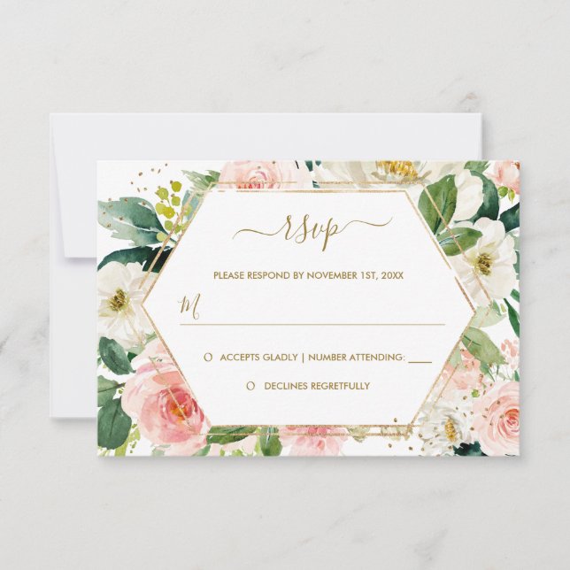 Modern Blush Gold Floral Watercolor Wedding RSVP (Front)