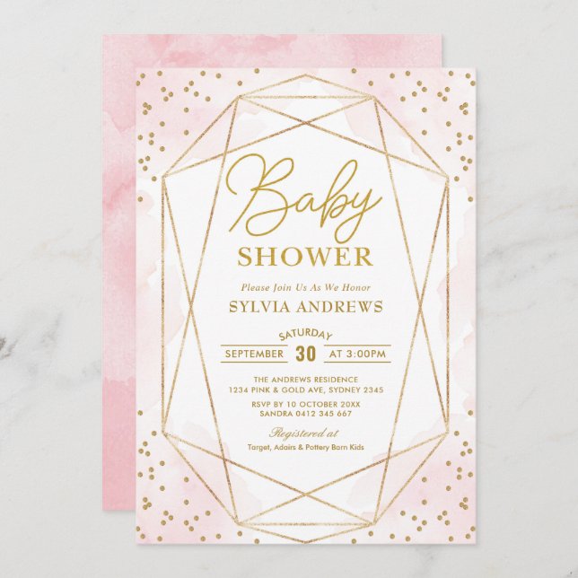 Modern Blush Gold Geometric Confetti Baby Shower Invitation (Front/Back)