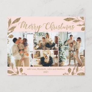 Modern Blush Gold Leaves Photo Collage Christmas Postcard