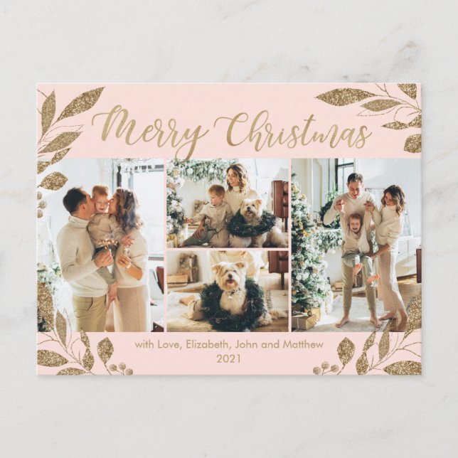 Modern Blush Gold Leaves Photo Collage Christmas Postcard (Front)