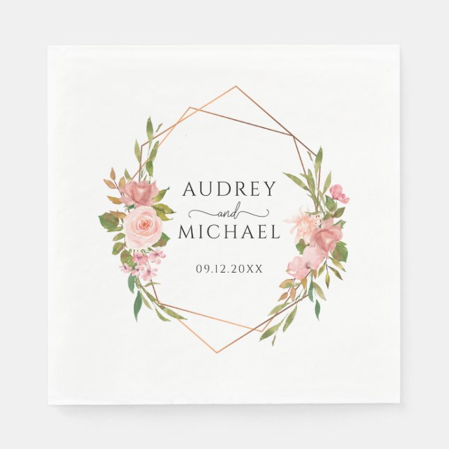 Modern Blush Golden Frame Floral Wedding  Napkin (Front)