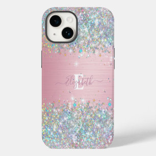 Modern Blush Holographic Faux Glitter Monogram iPhone 14 Case